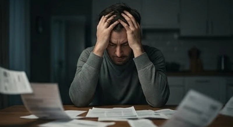 Người đàn ông ôm đầu gục xuống bàn làm việc vì áp lực nợ nần vượt quá khả năng chi trả