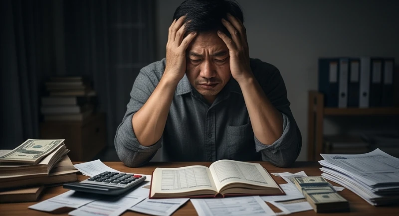 Người đàn ông mệt mỏi gục đầu trước đống hóa đơn, nguyên nhân sâu xa khiến bạn mơ thấy mình trúng lô.