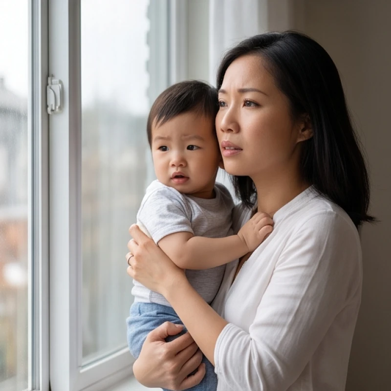 Mơ thấy em bé chết: Điềm báo bối cảnh & cách xả xui lo âu 5 Người mẹ ôm chặt đứa trẻ vào lòng với ánh mắt đầy âu lo khi nhìn ra ngoài khung cửa sổ