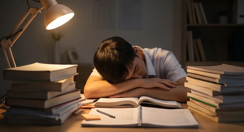 Học sinh mệt mỏi gục đầu trên bàn học ngập tràn sách vở trong giai đoạn ôn thi căng thẳng