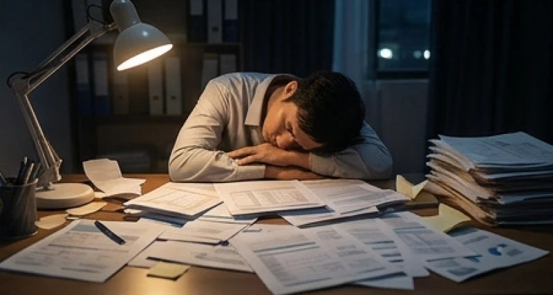Một người đang gục đầu bên đống giấy tờ và sổ sách kế toán lộn xộn dưới ánh đèn leo lét giữa đêm khuya