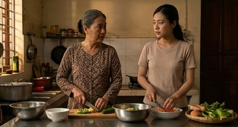 Người con dâu và mẹ chồng đang cùng nhặt rau trong bếp nhưng mỗi người nhìn một hướng