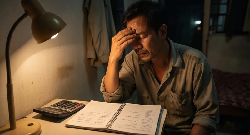 Mơ thấy mình đi đánh đề: Ý nghĩa điềm báo và con số may mắn 1 Người đàn ông mệt mỏi kiểm tra sổ sách chi tiêu sau khi gặp áp lực tài chính và nằm mơ thấy mình đi đánh đề