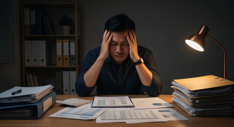 Mơ Thấy Mất Xe Máy: Điềm Báo Tốt Hay Xấu & Sổ Mơ Chuẩn 1 Một người đàn ông mệt mỏi gục đầu xuống bàn làm việc trước rất nhiều giấy tờ và hồ sơ