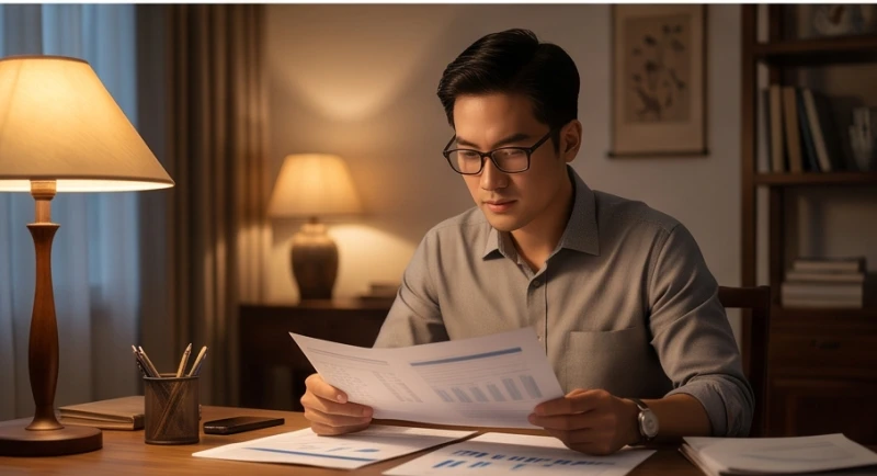 Nam giới ngồi làm việc tập trung dưới ánh đèn vàng trong không gian tĩnh lặng