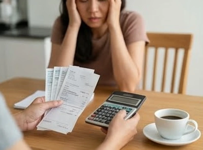 Đôi bàn tay cầm những tờ hóa đơn và sổ sách tính toán, khuôn mặt người vợ nhăn nhó vì thâm hụt kinh tế
