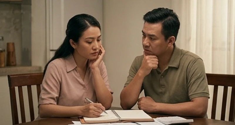 Mơ thấy người ta mượn tiền mình: Điềm báo và con số may mắn 3 Hai vợ chồng ngồi đối diện nhau với vẻ mặt trầm ngâm khi bàn bạc về kế hoạch chi tiêu của gia đình