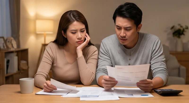 Mơ thấy vỡ răng: Giải mã điềm báo từng vị trí và ngũ hành 4 Hai vợ chồng đang ngồi xem sổ sách và hóa đơn với vẻ mặt lo âu trong không gian phòng khách