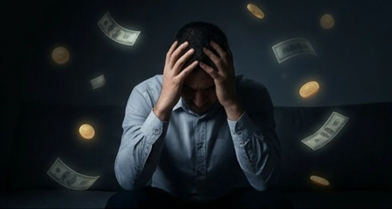 Mơ thấy mình đi ăn trộm tiền: Luận điềm báo & cách hóa giải 1 Người đàn ông ngồi gục đầu trước đống hóa đơn tượng trưng cho áp lực tài chính trong giấc mơ