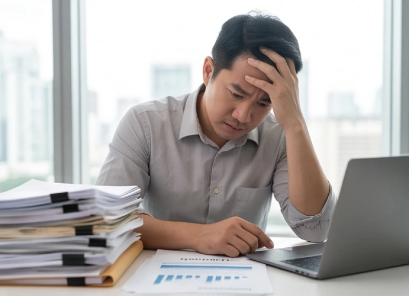 Người quản lý mệt mỏi với đống tài liệu kế toán và hợp đồng chồng chất trên bàn làm việc