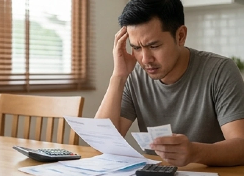 Mơ thấy mua nhà là điềm gì? Bảng số tài lộc và cách hóa giải 3 Người đàn ông nhíu mày lo âu khi xem các hóa đơn và tính toán chi phí mua nhà trên bàn ăn