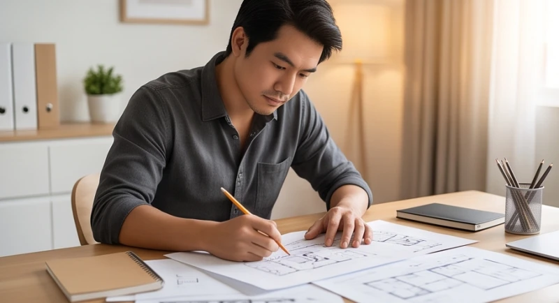 Người đàn ông trầm ngâm tập trung lên kế hoạch kinh doanh tại bàn làm việc với nhiều bản vẽ chi tiết