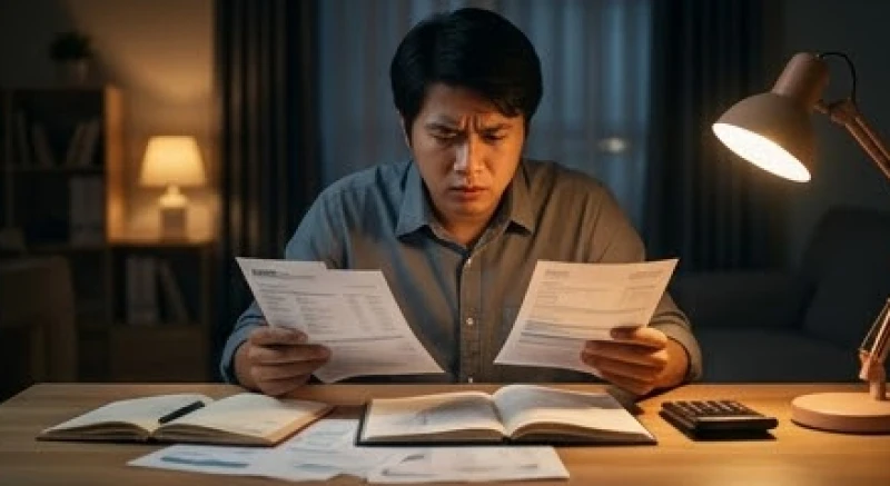 Một người làm việc căng thẳng bên bàn làm việc với nhiều sổ sách và hóa đơn phản ánh áp lực tài chính