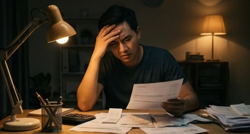 Người đàn ông vò đầu suy nghĩ trước xấp hóa đơn và giấy tờ tài chính trên bàn làm việc trong đêm khuya