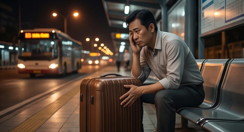 Mơ thấy đi nước ngoài làm việc: Điềm báo sự nghiệp & bộ số 1 Người đàn ông mang vali với vẻ mặt lo âu thể hiện áp lực mưu sinh nơi đất khách quê người