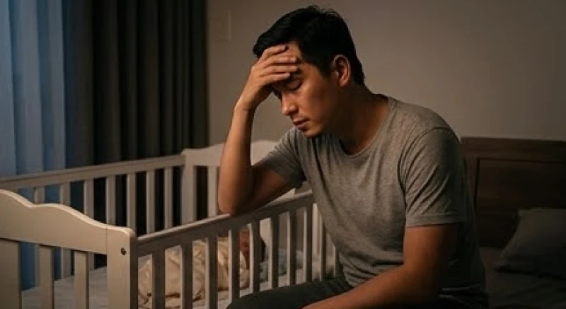 Một người cha tỏ ra mệt mỏi và kiệt quệ tâm lý khi ngồi cạnh nôi của đứa con nhỏ