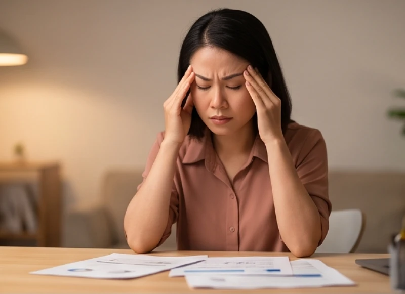 Một người phụ nữ đang xoa thái dương vì mệt mỏi và áp lực công việc