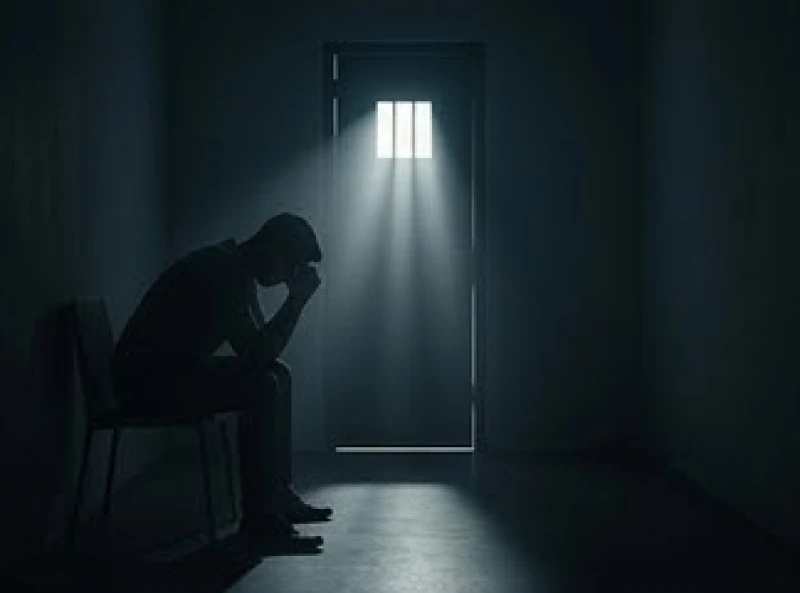 Mơ thấy đi tù là điềm báo gì: Trấn an tâm lý & rà soát rủi ro 1 Bóng người ngồi ôm đầu giữa không gian tối tăm với ánh sáng lọt qua khe cửa hẹp