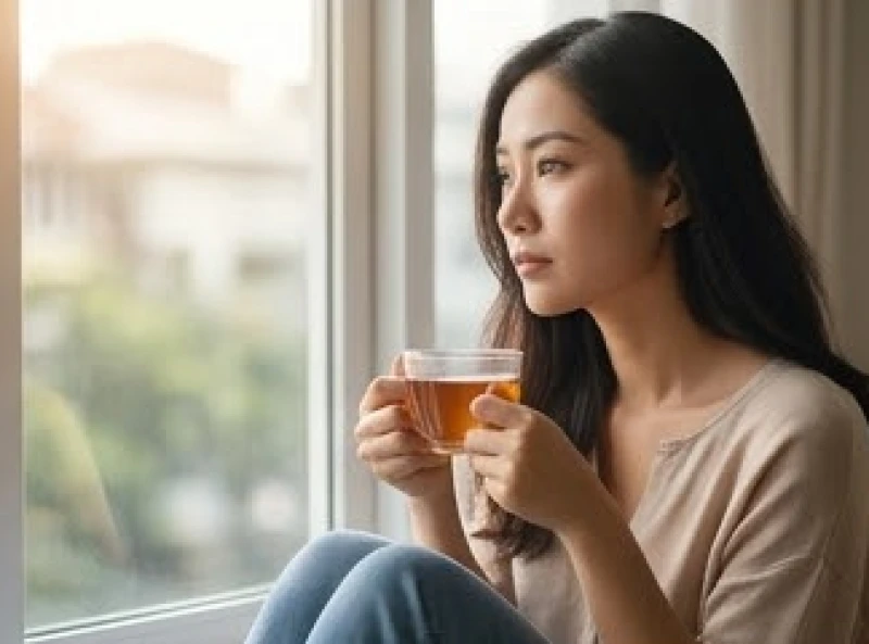 Mơ thấy người khác có thai: Giải mã điềm báo & bộ số tài lộc 7 Người phụ nữ trầm tư ngồi bên tách trà nóng để giải tỏa những căng thẳng và áp lực tinh thần trong cuộc sống