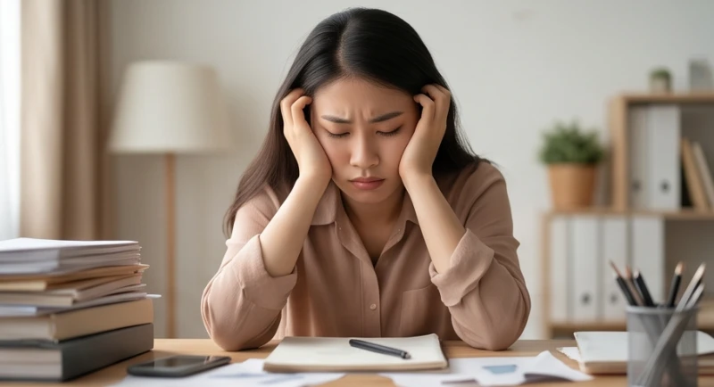 Mơ thấy đàn ông dê mình: Giải mã tâm lý nữ & bảng số may mắn 1 Người phụ nữ mệt mỏi ôm đầu gục xuống bàn làm việc do chịu nhiều áp lực tâm lý