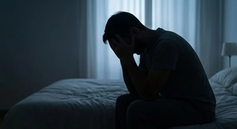 Người đàn ông gục đầu mệt mỏi phản ánh áp lực tâm lý dẫn đến ác mộng
