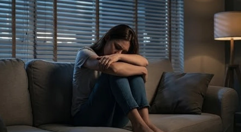 Mơ thấy vợ chồng đánh nhau: Ý nghĩa tâm lý và tra cứu con số 3 Người phụ nữ gục đầu gối tựa vào ghế sofa trong phòng khách tối mờ thể hiện sự mệt mỏi về mặt cảm xúc