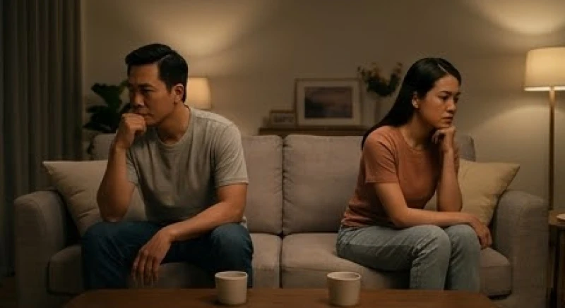 Mơ thấy chồng bị tai nạn: Giải mã bối cảnh, tâm lý và số sổ mơ 1 Vợ chồng ngồi cách xa nhau trên ghế sofa trong không gian tối, thể hiện sự căng thẳng và áp lực vô hình trong gia đình