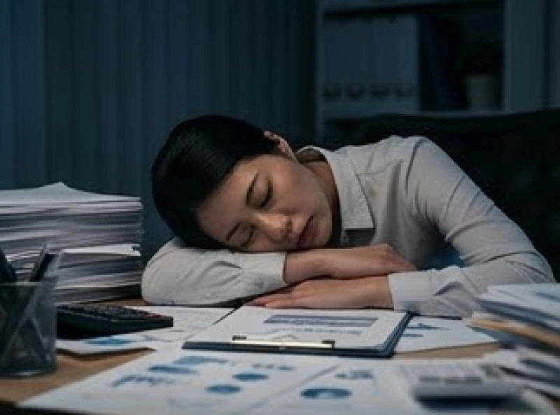 Nữ nhân viên văn phòng gục đầu xuống bàn làm việc đầy giấy tờ vì quá kiệt sức và căng thẳng