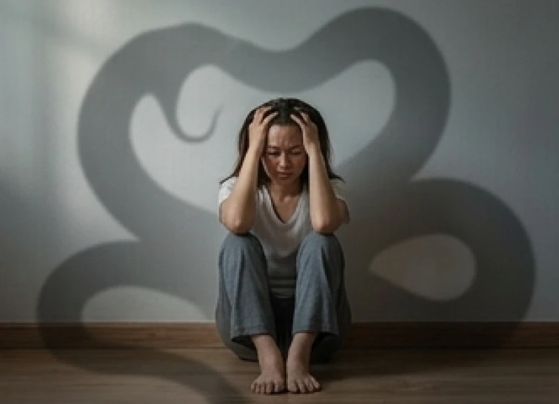 Mơ thấy đẻ ra rắn là điềm gì: Phân tích tâm lý và sổ mơ 2 Bóng đen hình con rắn khổng lồ vây quanh người phụ nữ đang ôm đầu bế tắc giữa căn phòng vắng