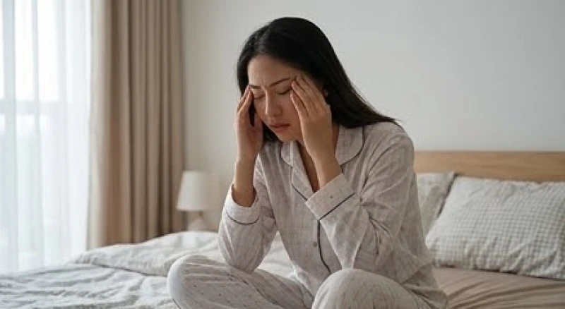 Phụ nữ trẻ xoa trán mệt mỏi trên giường ngủ do chất lượng giấc ngủ kém và áp lực ban ngày