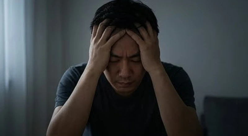 Người đàn ông dùng tay ôm đầu thể hiện sự mệt mỏi và bất lực trước áp lực công việc