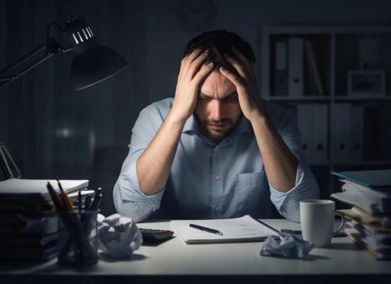 Người đàn ông ôm đầu mệt mỏi bên bàn làm việc ngập tràn giấy tờ, minh họa cho áp lực cuộc sống gây ra giấc mơ hoảng sợ
