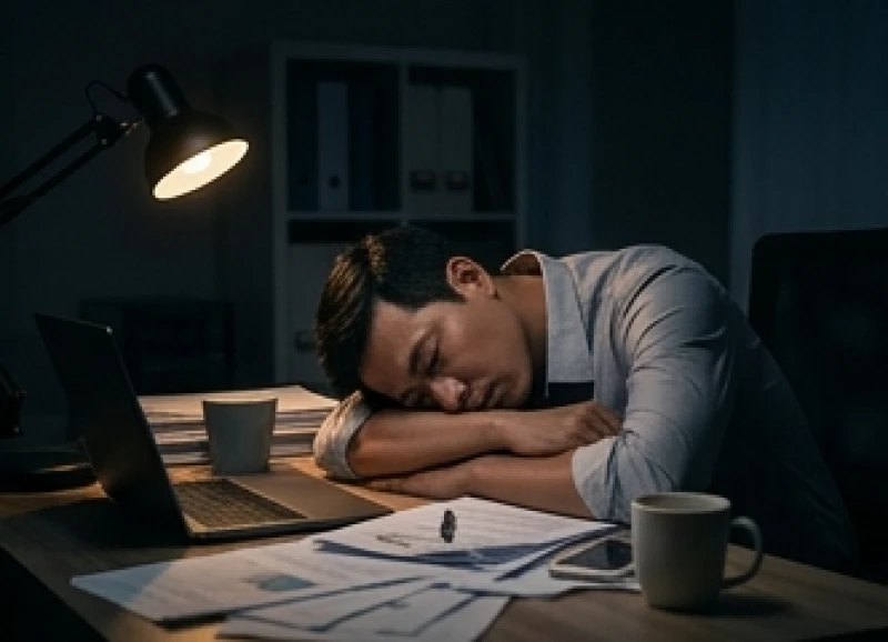 Người đàn ông mệt mỏi gục đầu bên bàn làm việc muộn gợi sự suy nhược thần kinh và chất lượng giấc ngủ kém