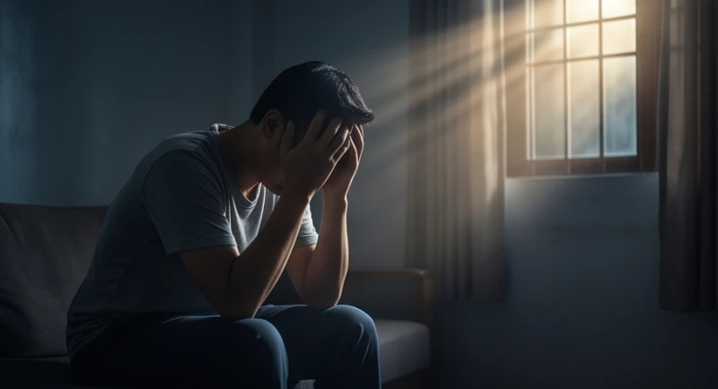 Một người ngồi ôm đầu giữa không gian tối được chiếu sáng bởi tia sáng nhỏ, phản ánh sự tích tụ của hội chứng kiệt sức