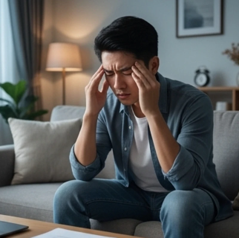 Người đàn ông Việt Nam ngồi vò đầu bứt tai trên sofa vì áp lực tài chính và mâu thuẫn gia đình