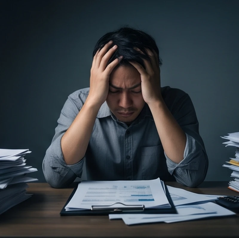 Người phụ nữ mệt mỏi gục đầu bên bàn làm việc với nhiều giấy tờ và ánh sáng yếu ớt
