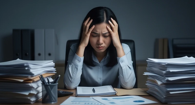 Người phụ nữ gục đầu mệt mỏi tại bàn làm việc ngổn ngang giấy tờ phản ánh sự căng thẳng kéo dài
