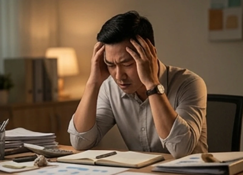 Người đàn ông gục đầu xuống bàn làm việc vì căng thẳng và áp lực tâm lý quá mức sau giấc mơ thấy phá tổ ong