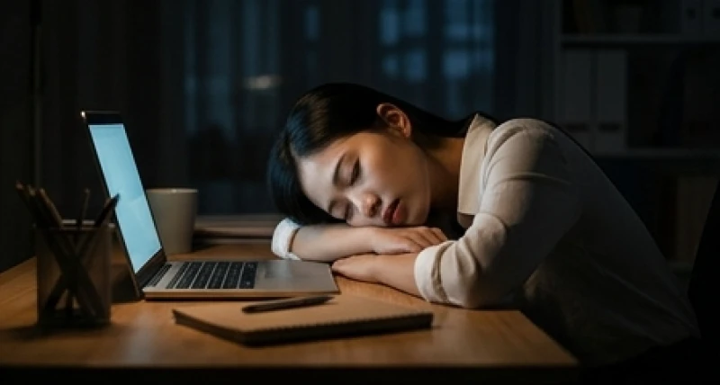 Người phụ nữ kiệt sức gục đầu trên bàn làm việc giữa đêm khuya do áp lực công việc và căng thẳng kéo dài