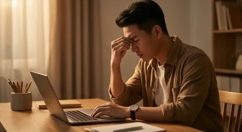 Mơ thấy máu kinh nguyệt của người khác: Điềm báo & con số 4 Chàng trai trẻ ngồi trầm ngâm xoa trán trước bàn làm việc, thể hiện sự căng thẳng và áp lực tâm lý