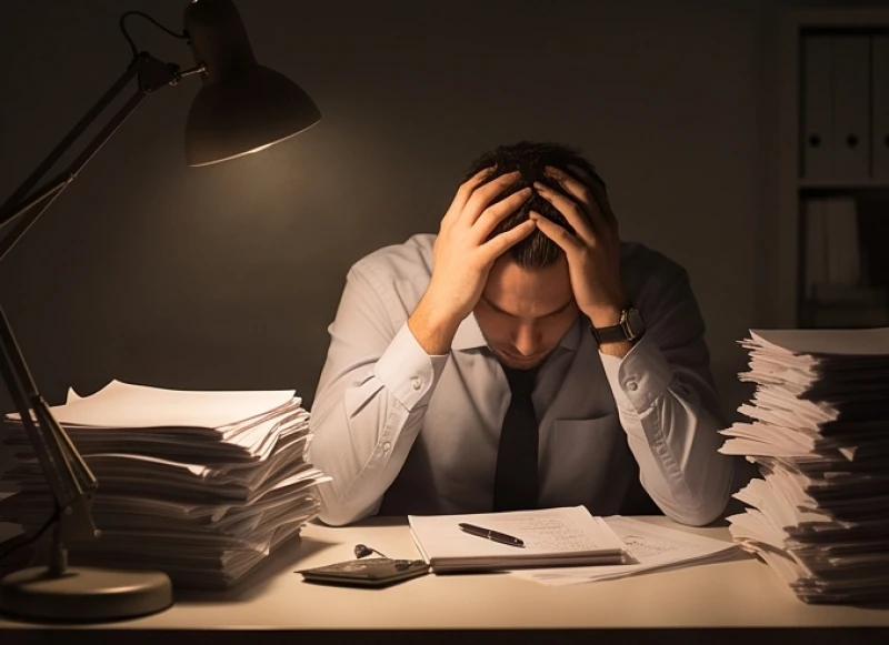 Nhân viên văn phòng mệt mỏi gục đầu giữa hàng tá giấy tờ bừa bộn sau khi thức giấc vì giấc mơ thấy sư tử đuổi