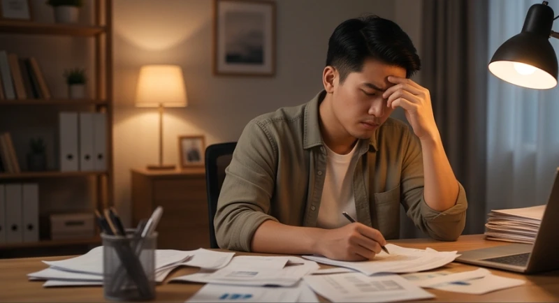 Nam giới lộ vẻ mệt mỏi và lo âu bên bàn làm việc khi phải gánh vác nhiều trách nhiệm nặng nề