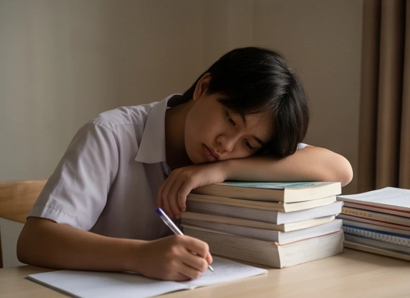 Học sinh gục đầu lên đống sách vở trên bàn vì quá mệt mỏi trước khối lượng bài tập lớn