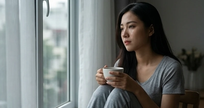 Cô gái ngồi trầm tư bên ly cà phê buổi sáng với vẻ mặt mang nhiều tâm sự sau giấc mơ cãi vã