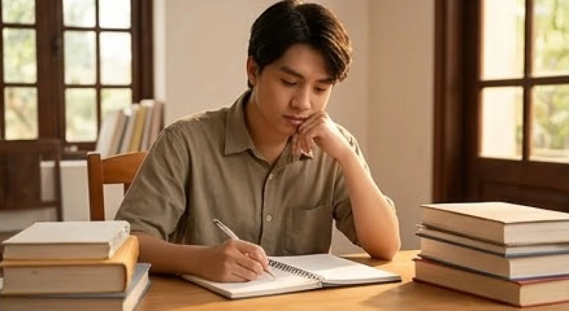 Người trẻ tuổi Tuất trầm tư trước trang sách và sổ ghi chép, đối diện với áp lực tài chính và định hướng tương lai