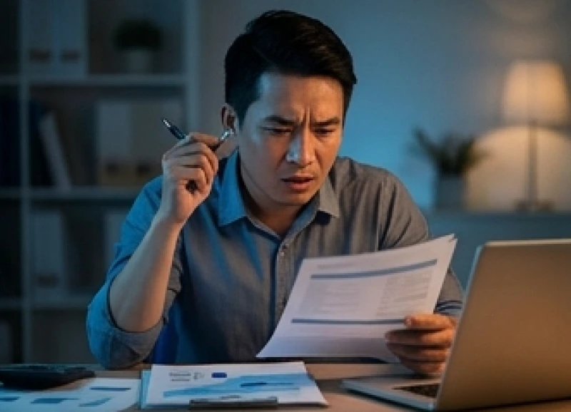 Mơ Thấy Mua Xe: Giải Mã Điềm Báo, Hóa Giải Vận Xui & Sổ Mơ 7 Khuôn mặt căng thẳng của người đàn ông khi nhìn vào bảng tính toán chi phí vay mượn trên máy tính