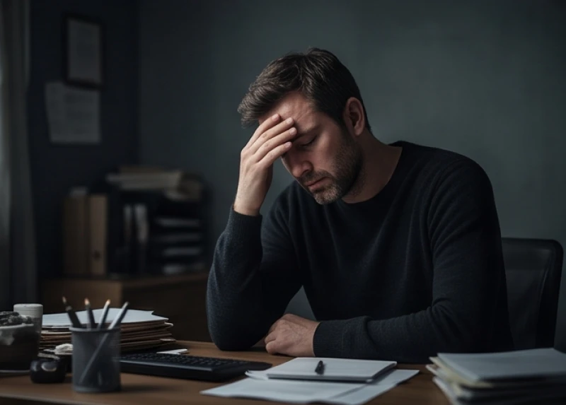 Người đàn ông mệt mỏi gục đầu xoa trán thể hiện áp lực nặng nề của người trụ cột gia đình