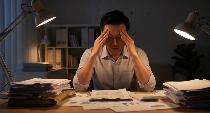 Người chồng mệt mỏi gục đầu bên bàn làm việc với nhiều giấy tờ và sổ sách ngổn ngang
