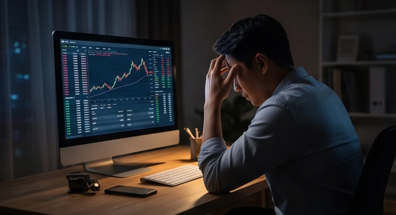 Người đàn ông ngồi gục đầu trước màn hình máy tính đầy biểu đồ thể hiện sự thai nghén dự án lớn
