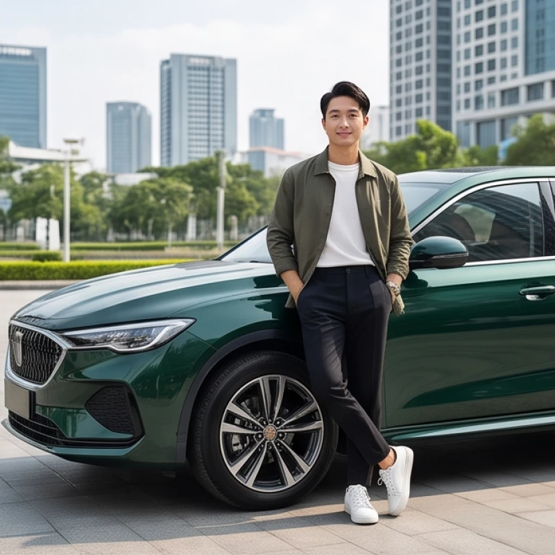 Nam thanh niên sinh năm Ất Hợi đứng cạnh chiếc xe ô tô màu xanh lá đậm